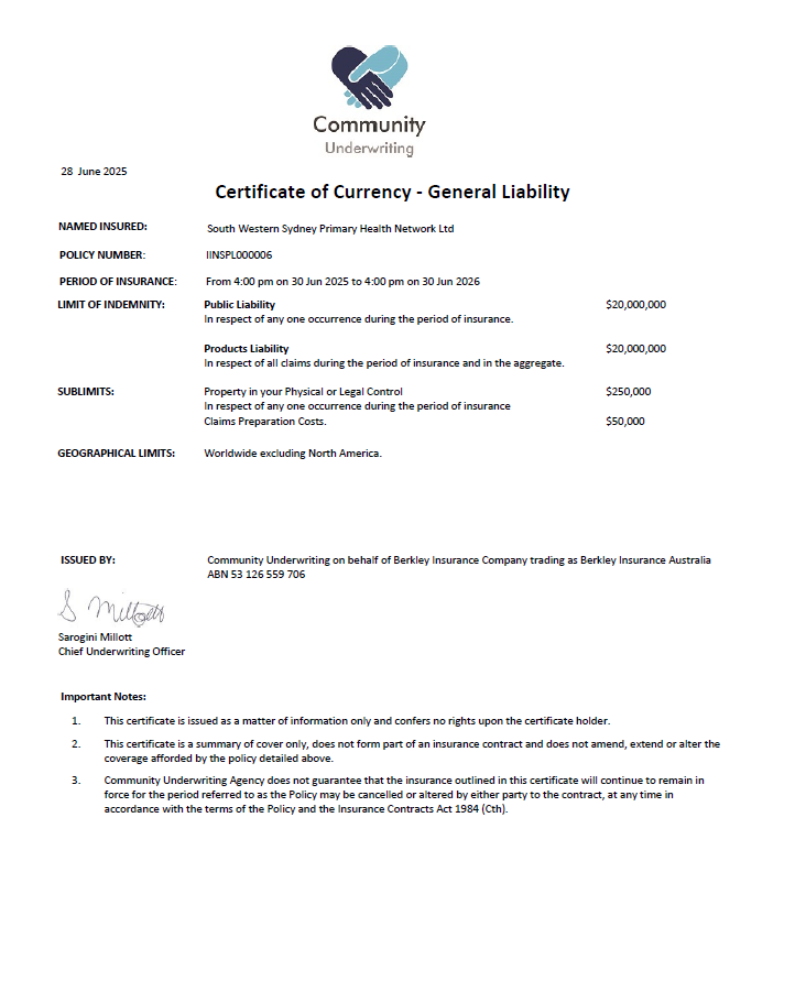Certificate of Currency - General Liability 25.26