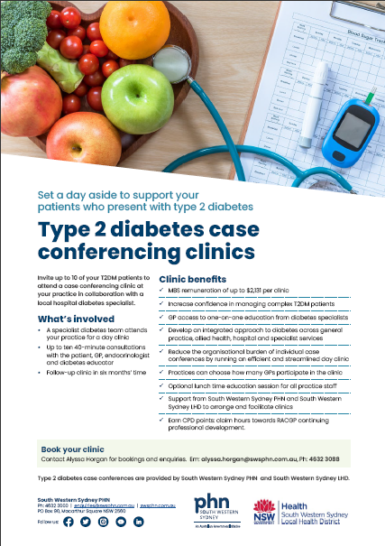 Cover design of diabetes case conferencing clinic flier showing image of healthy food, stethoscope, diary and blood glucose monitor