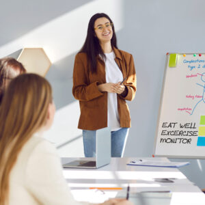 Educator hosting a small group of people.