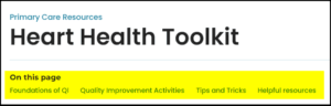 Screen grab showing the bookmark links found in each toolkit providing a consist structure of Foundations of QI, Quality Improvement Activities, Tips and Tricks, and Helpful resources
