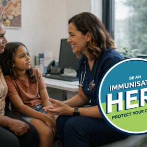 Mother and son receiving advice from a local health professional