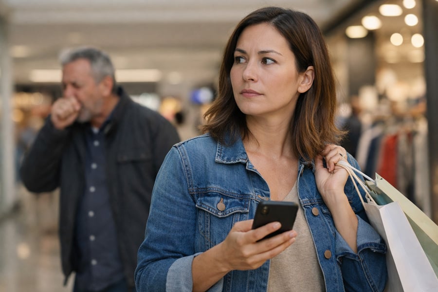 In a shopping mall, a man in the background is coughing, a woman in foreground contemplates whether natural immunity is better than the flu vaccine