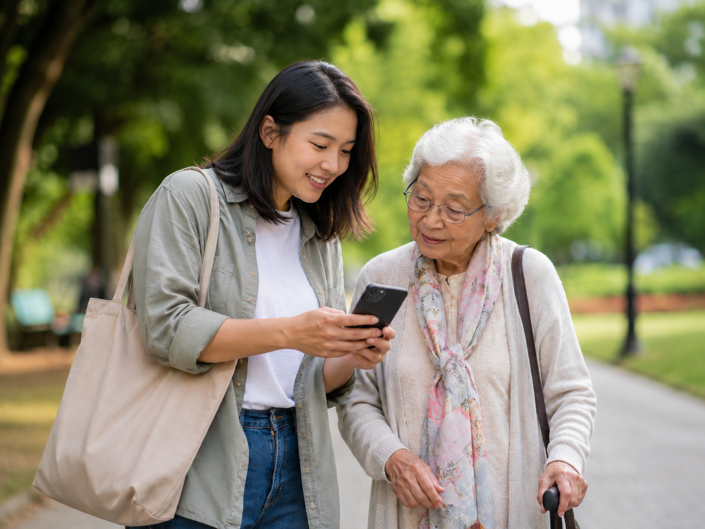 Older woman and daughter outside