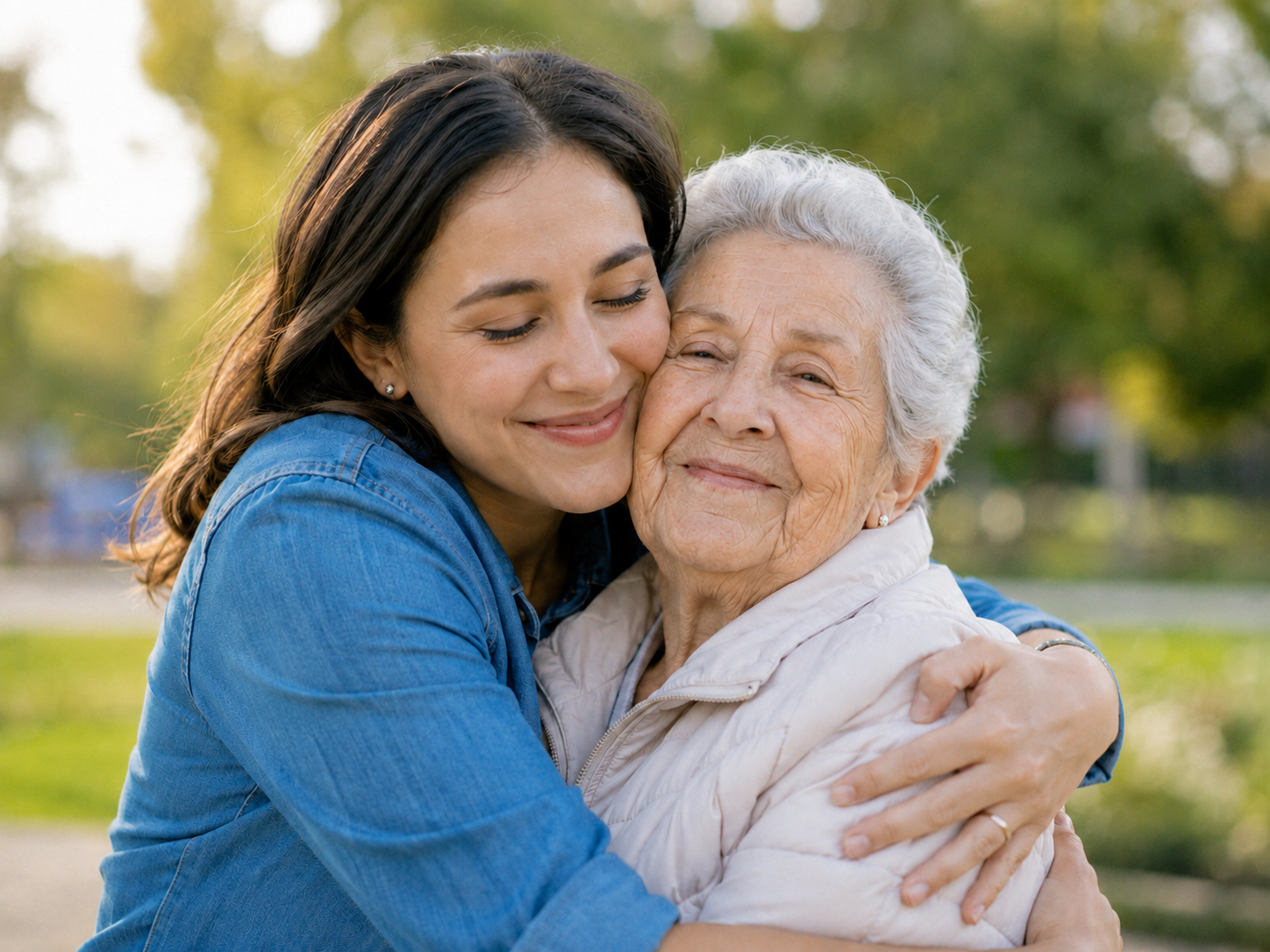 Older woman and carer hugging outdoors