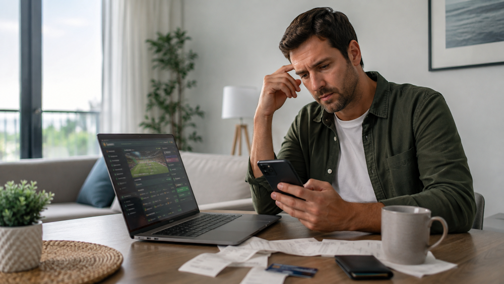 Man looking concerned while using a phone and laptop beside bills and a bank card, illustrating gambling harm